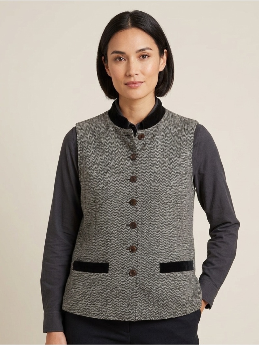 April Cornell Sz L Vintage Grey Wool Chevron Academia Minimalist Vest